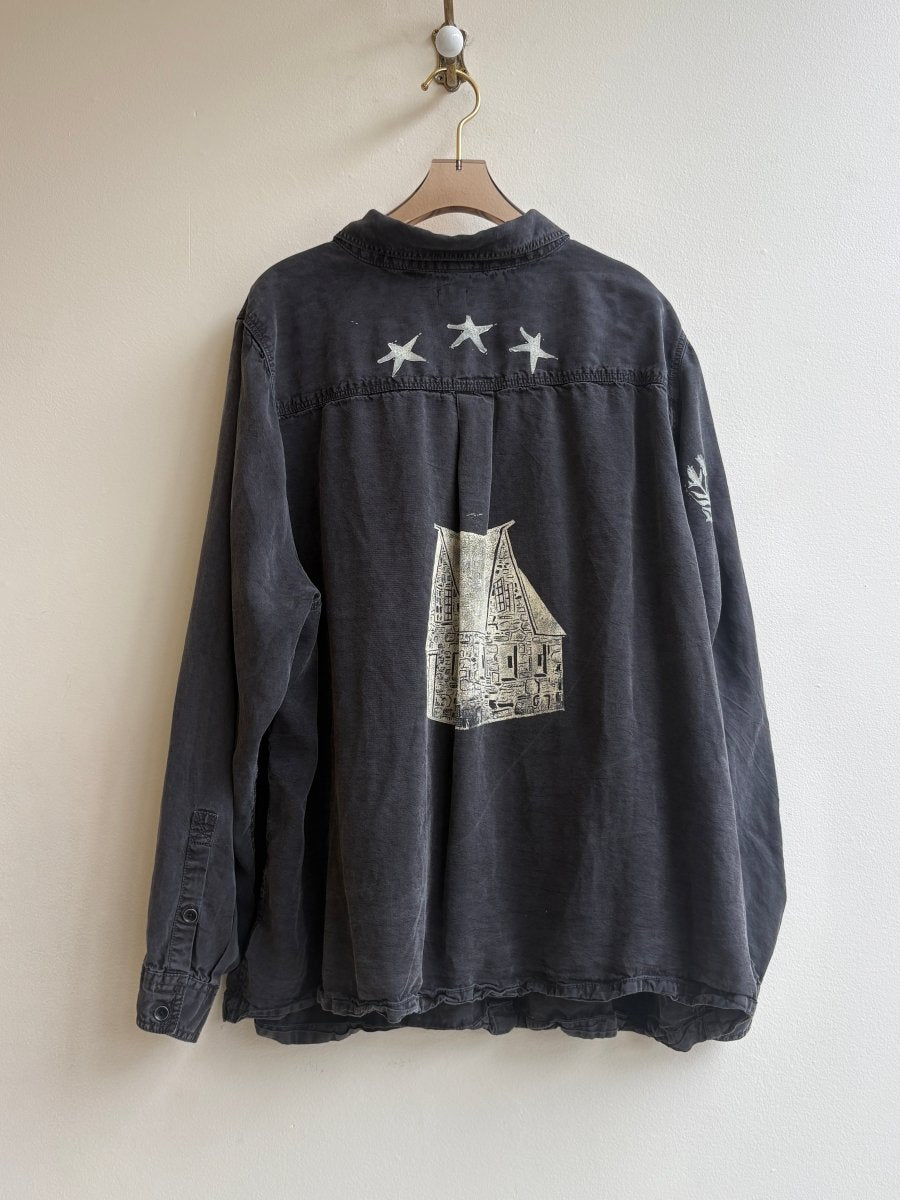 Stone House and Tiny Print Black Button Up | Block Printed (Reworked) - Made X Hudson