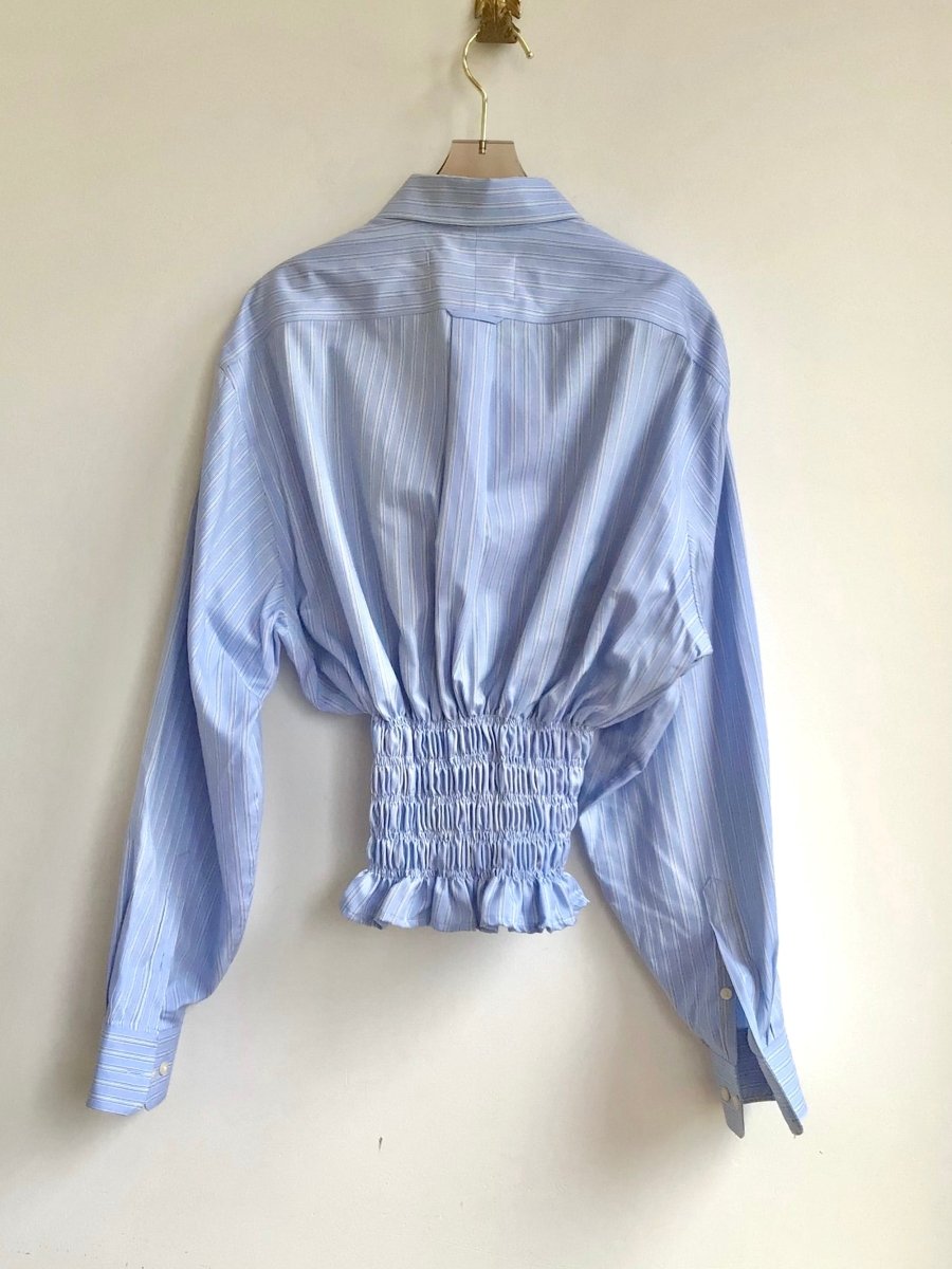 The George Top | Blue, Black & White Stripe Button Down Top w/ Smocked Waist (Reworked) - Made X Hudson