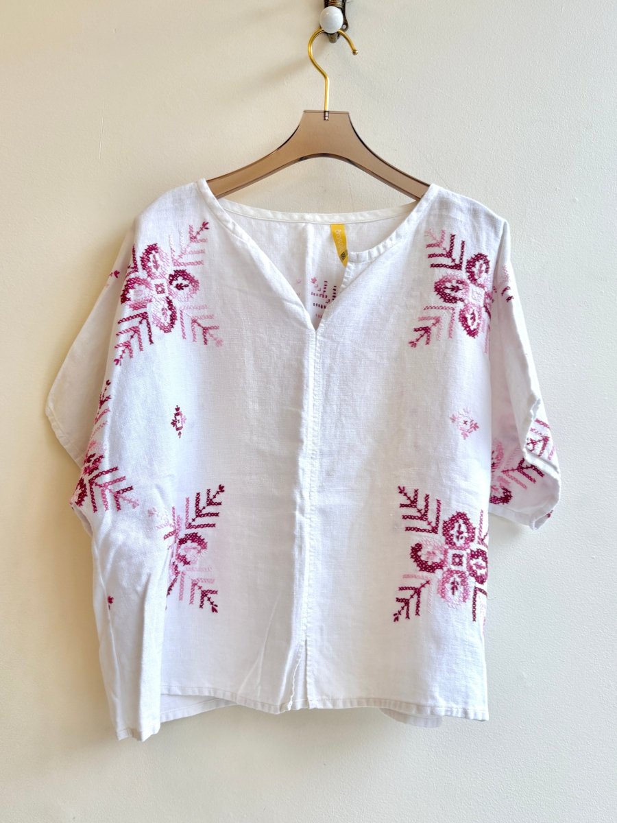 Magenta and Baby Pink Cross Stitch V - Neck | Picnic Top - Made X Hudson