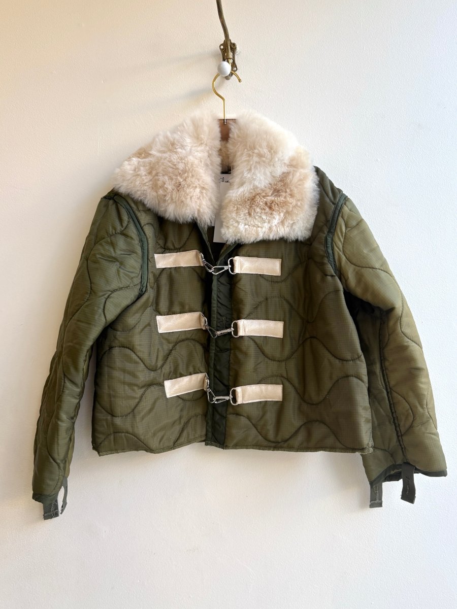 Olive Green Army Liner Quilted Coat w/ Cream Swirl Alpaca Fur Collar (Reworked) - Made X Hudson