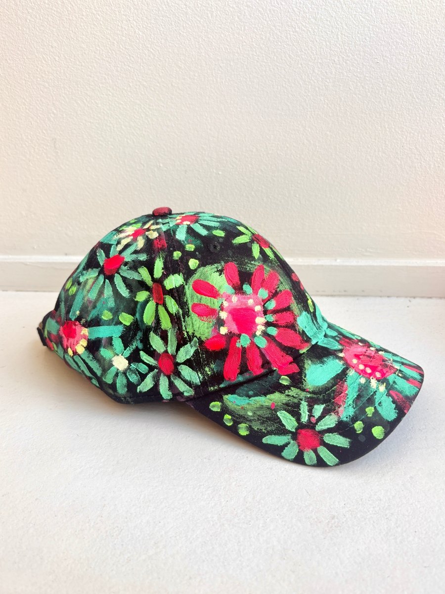Black Hand Painted Neon Green Flowers Baseball Cap - Made X Hudson