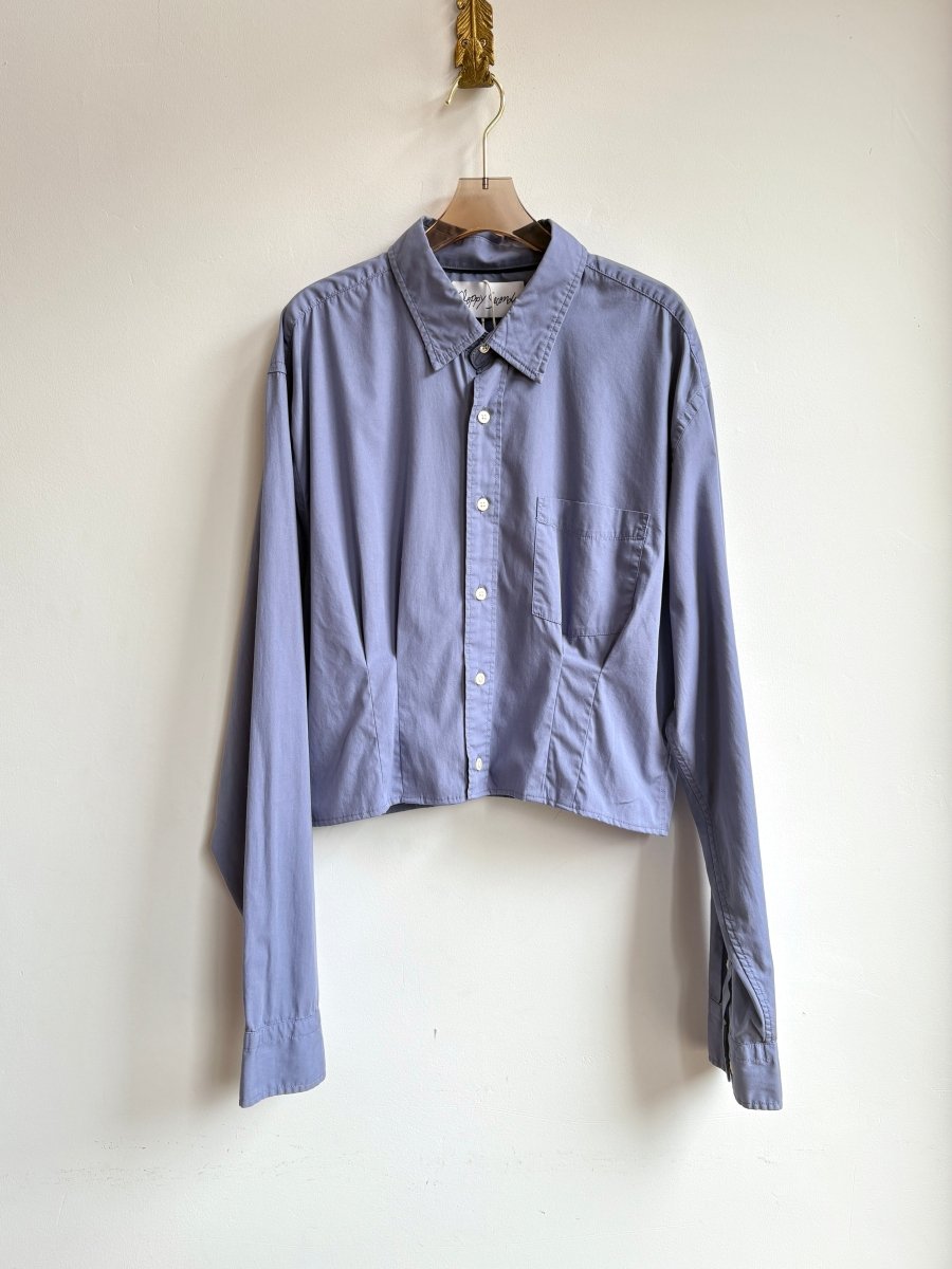 The Kevin Top | Slate Blue Cotton Button Down Top w/ Gathered Waist (Reworked) - Made X Hudson