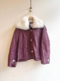 Burgundy Army Liner Quilted Coat w/ White Alpaca Fur Collar & White Buttons (Reworked) - Made X Hudson