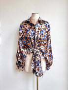 Silk Button Down Long Shirt in Soft Pink, Rust, Cobalt, and Black Floral Print - Made X Hudson
