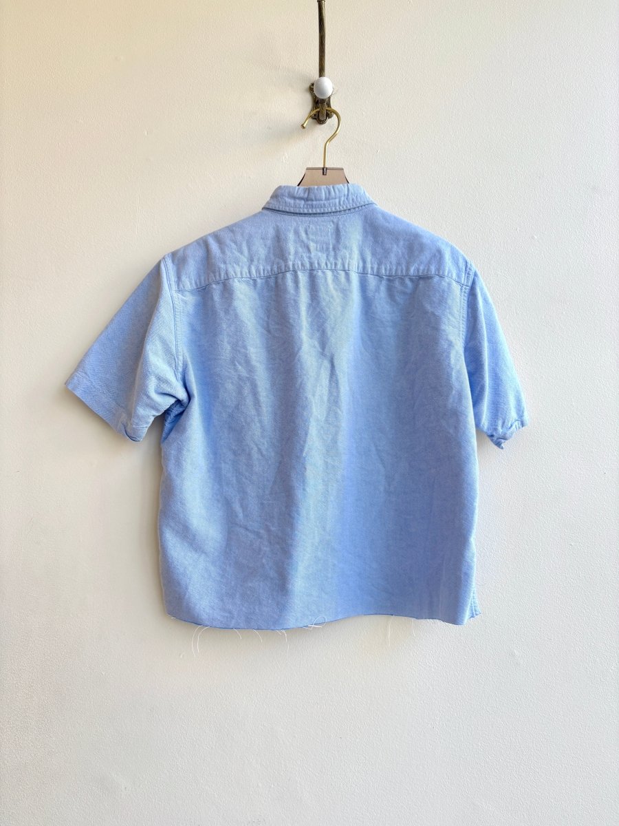 Cobalt Tiny Print Short Sleeve Crop Button Up in Light Blue | Block Printed (Reworked) - Made X Hudson