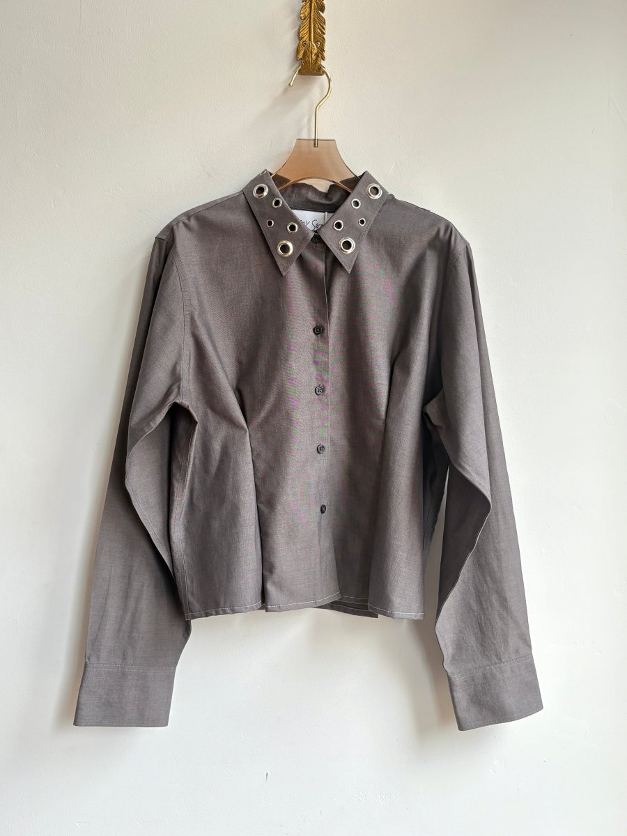 The Mike Top | Grey Button Down Top w/ Gathered Waist & Grommet Collar (Reworked) - Made X Hudson