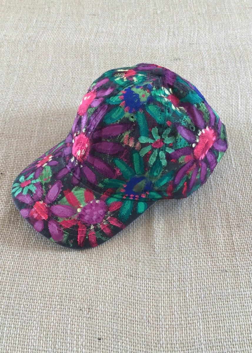 Grey Hand Painted Purple & Green Flowers Baseball Cap - Made X Hudson