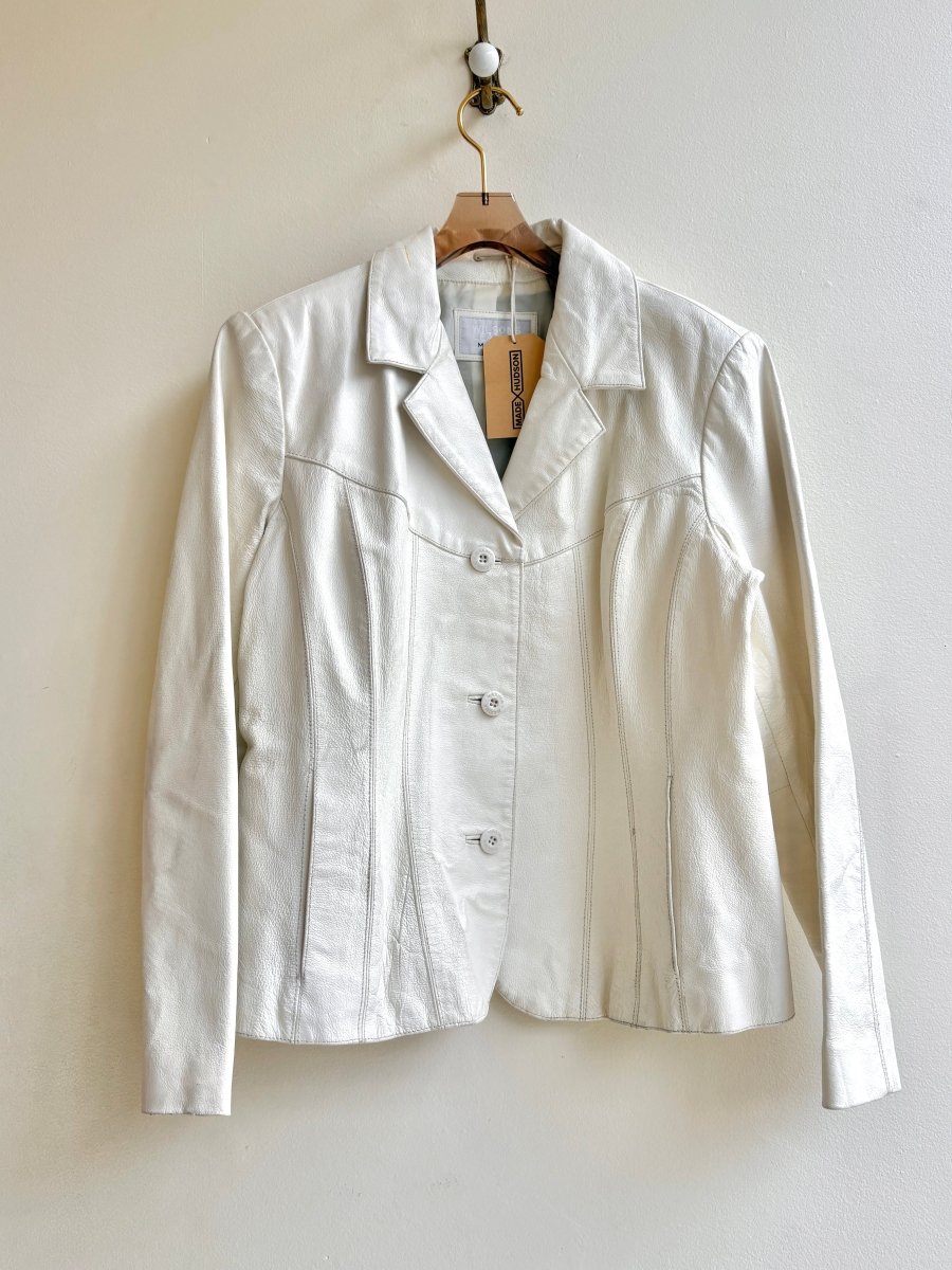 Wilsons Leather | Bright White Leather Coat with Vertical Lines (Vintage) - Made X Hudson
