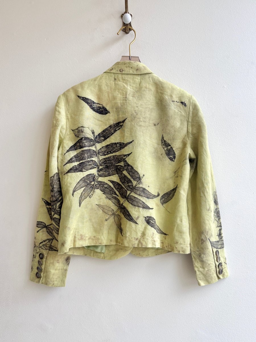Chartreuse Linen Walnut Leaves Eco - Printed Blazer (Reworked) - Made X Hudson