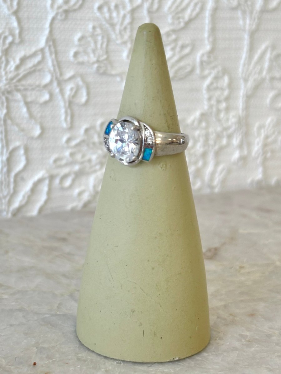 Solid Sterling with Large Oval Clear Stone and Opals Ring (Vintage) - Made X Hudson