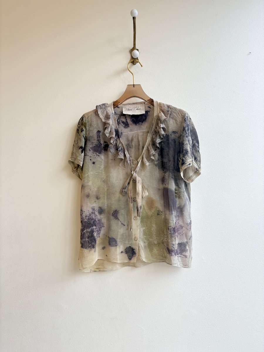 Slate, Moss, Plum, Eco Printed Button Up Ruffle Blouse (Reworked) - Made X Hudson