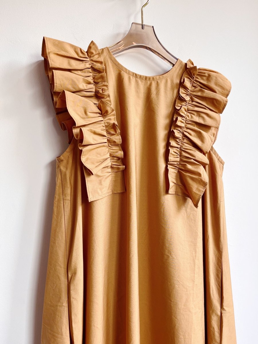Caramel Beige Sleeveless Cotton Aria Ruffle Dress w/ Belt - Made X Hudson