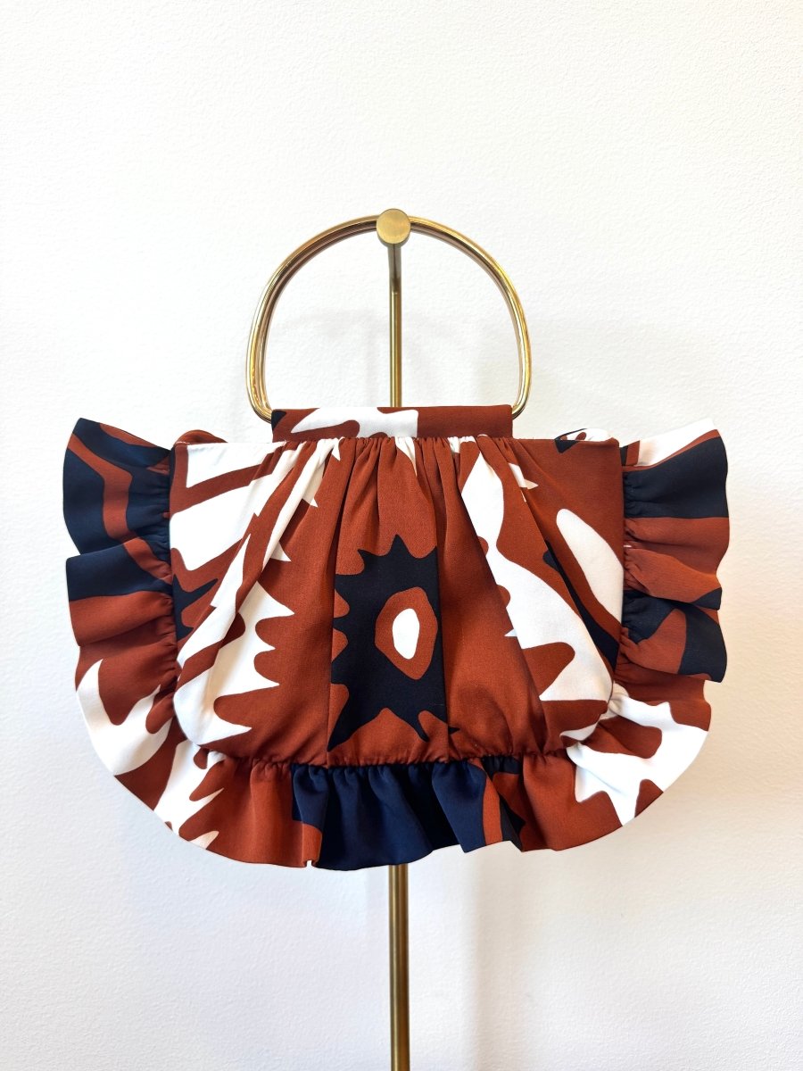 Abstract Floral in Rust, Black, Navy Gathered Minnie Ruffle Bag - Made X Hudson