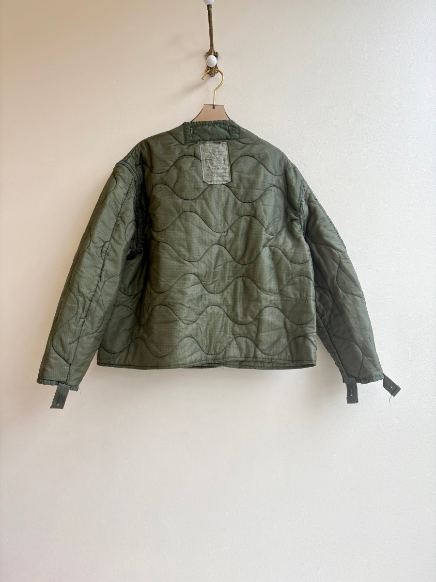 Dark Olive Green Army Liner Quilted Coat w/ White Twill Tape Ties (Reworked) - Made X Hudson