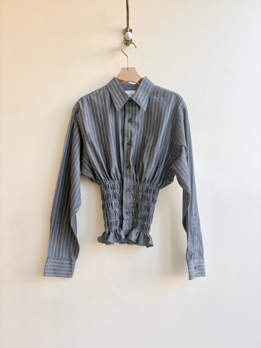 The George Top | Grey w/ Black & White Stripe Button Down Top w/ Smocked Waist (Reworked) - Made X Hudson
