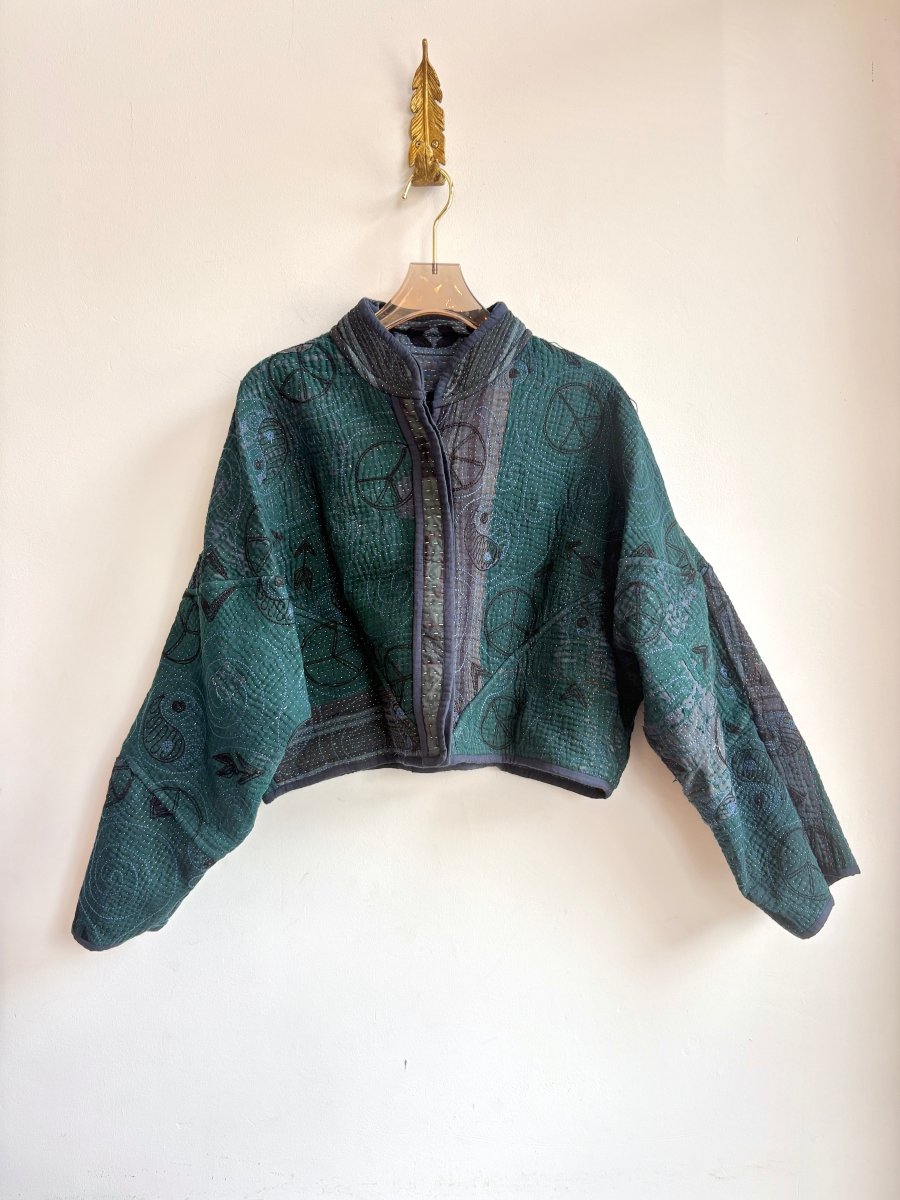 Reversible Suzani Quilted Cropped Jacket in Colors Slate Blue, Navy, Black & Forest, Grey, Black - Made X Hudson
