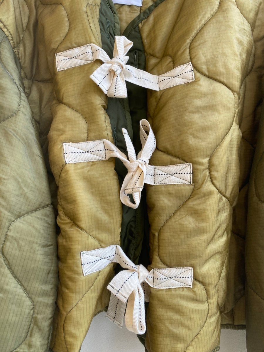 Two Tone Olive Green Army Liner Quilted Coat w/ Twill Tape Ties (Reworked) - Made X Hudson
