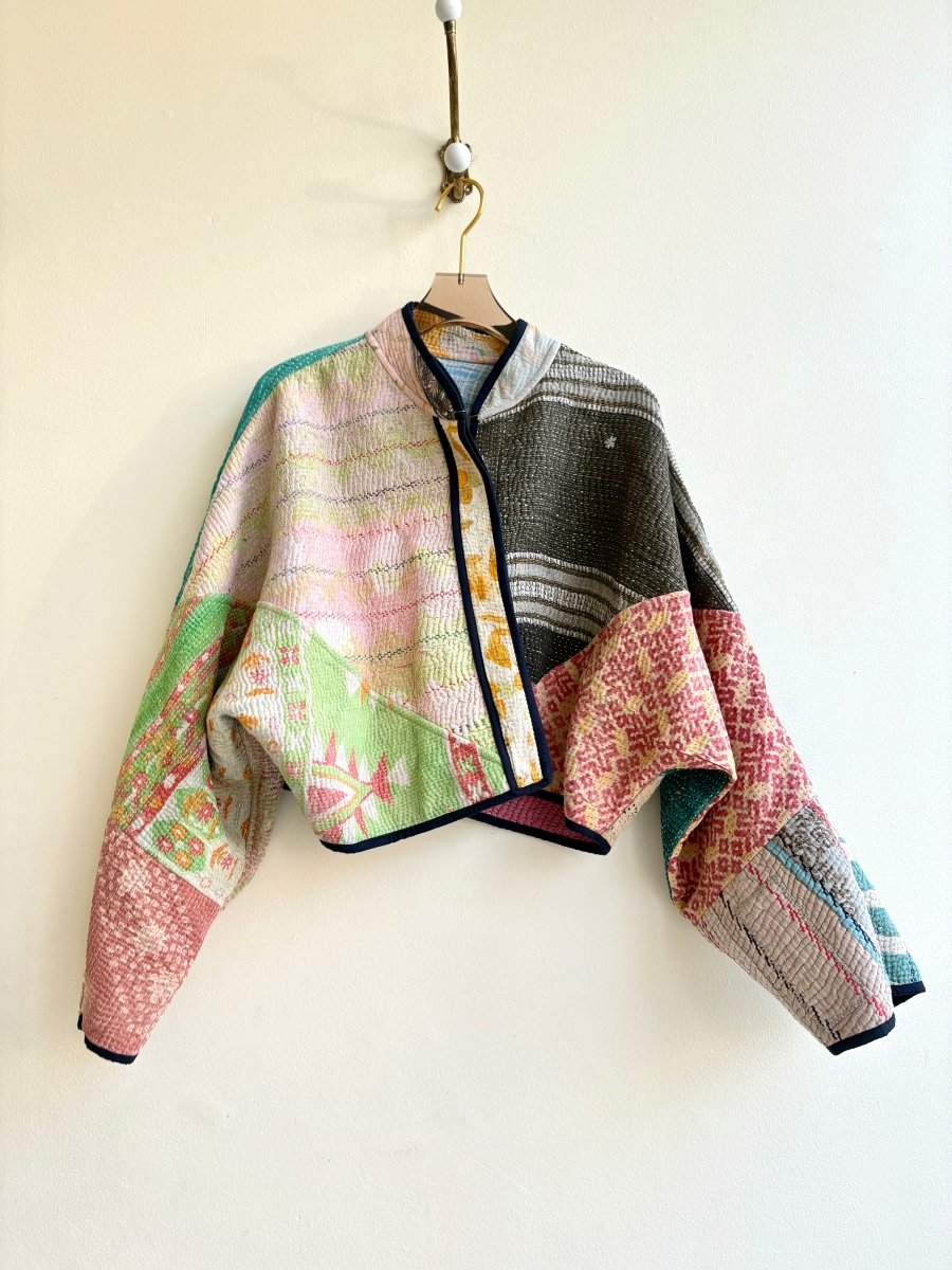 Reversible Kaira Quilted Cropped Jacket in Colors Lavendar, Purple, Green, Pink, Yellow & Teal, Brown, Green, Pink, Yellow - Made X Hudson