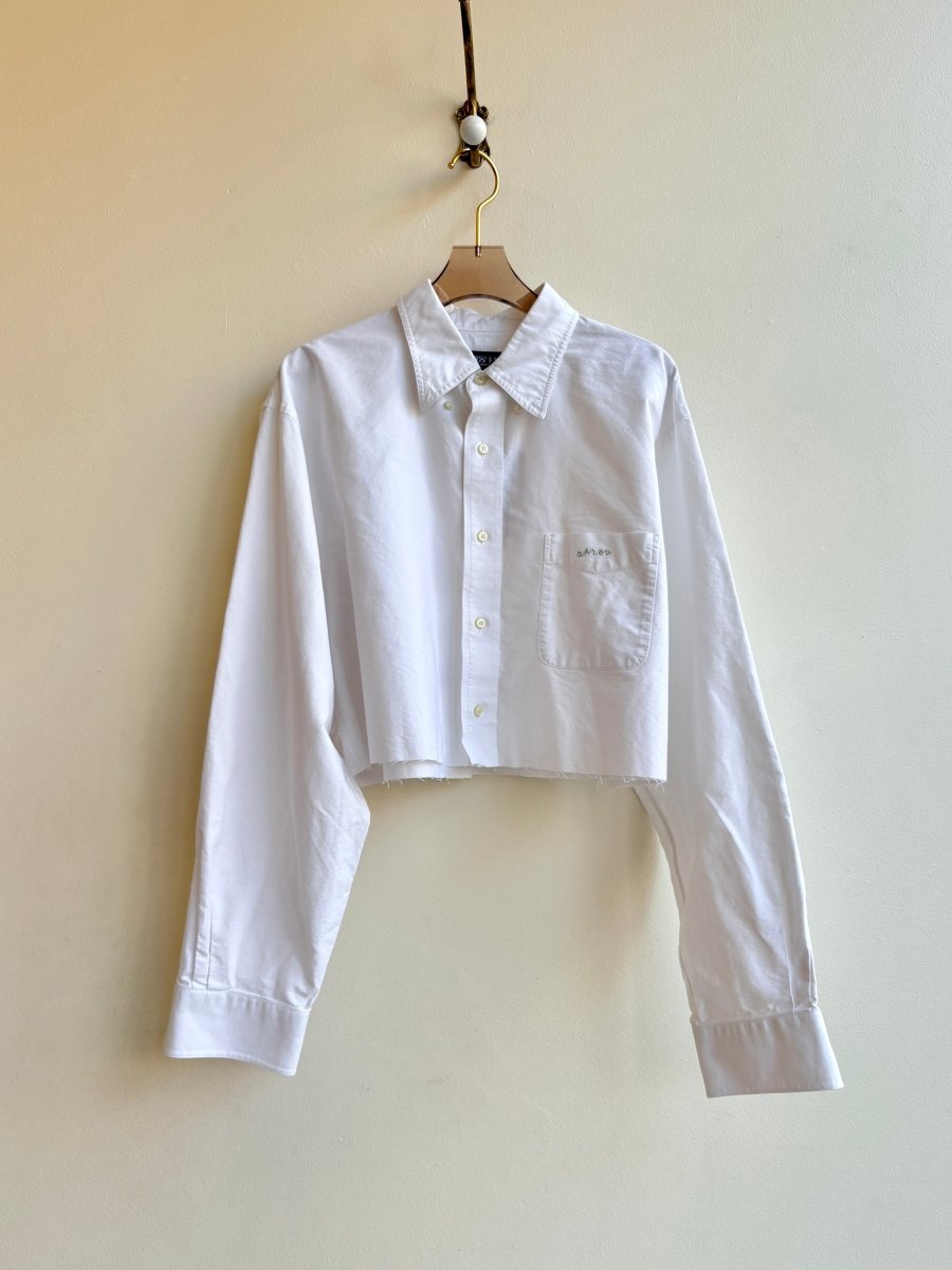 White Annette Crop Top w/ Sage Embroidered “Apres” (Reworked) - Made X Hudson