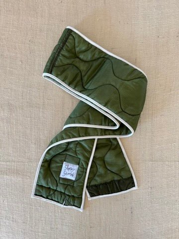 Dark Olive Green Army Liner Quilted Scarf w/ White Bias Accent (Reworked) - Made X Hudson