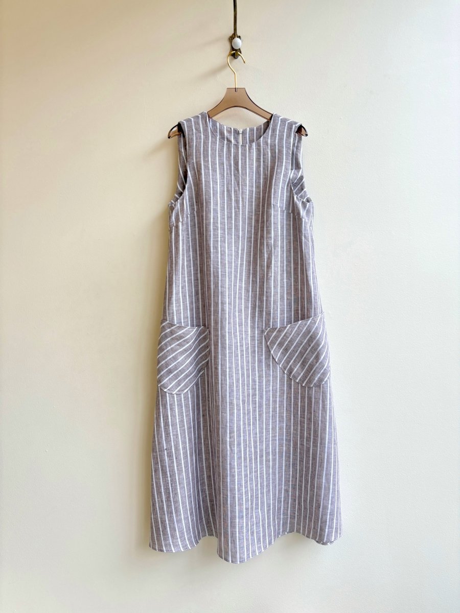 Brown Pinstripe Linen Chore Dress w/ Patch Pockets - Made X Hudson