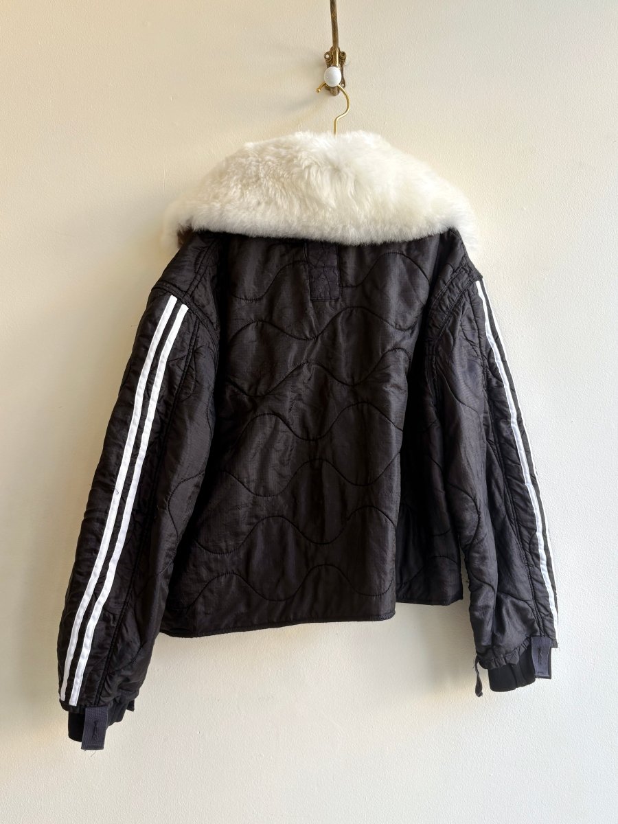 Black Army Liner Quilted Coat w/ White Alpaca Fur Collar, White Buttons, & White Athletic Stripe (Reworked) - Made X Hudson