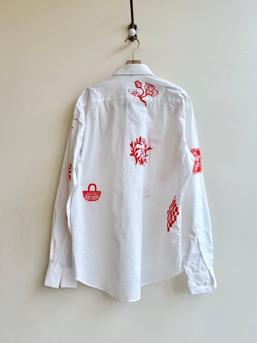 White and Red Folk Motif Button Up | Hand Painted (Reworked) - Made X Hudson