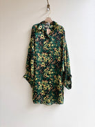 Silk Button Down Long Shirt in Forest Green, Bronze, and Black Floral Print - Made X Hudson