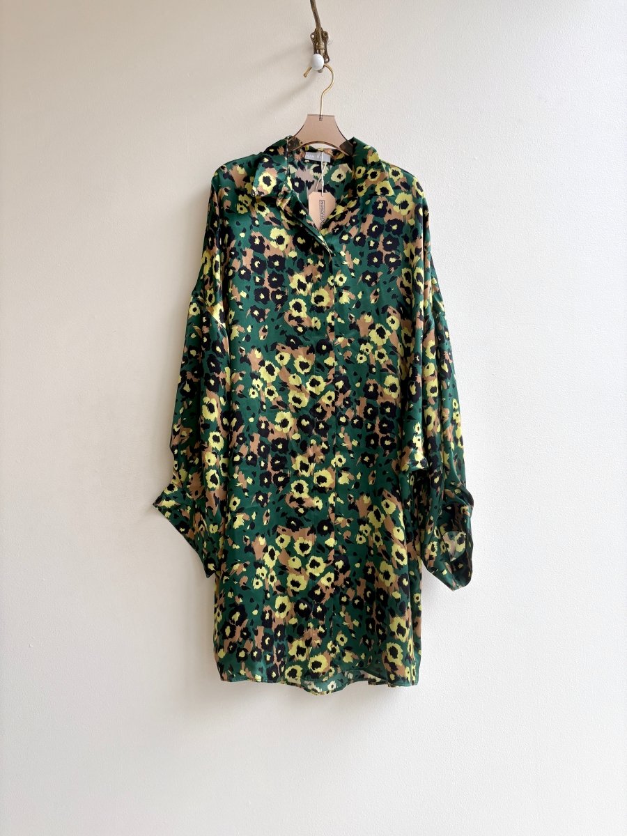 Silk Button Down Long Shirt in Forest Green, Bronze, and Black Floral Print - Made X Hudson