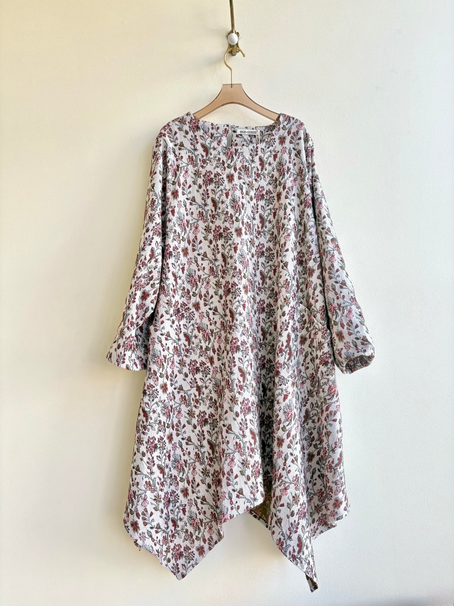 Red & Beige Floral Brocade Handkerchief Hem Dress w/ Patch Pockets - Made X Hudson