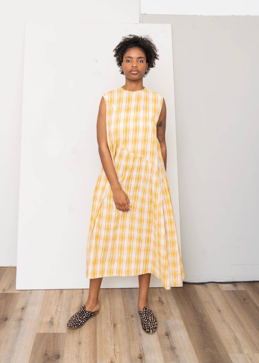 Anan Long Gathered Dress in Mustard, Sand & Turmeric Plaid - Made X Hudson