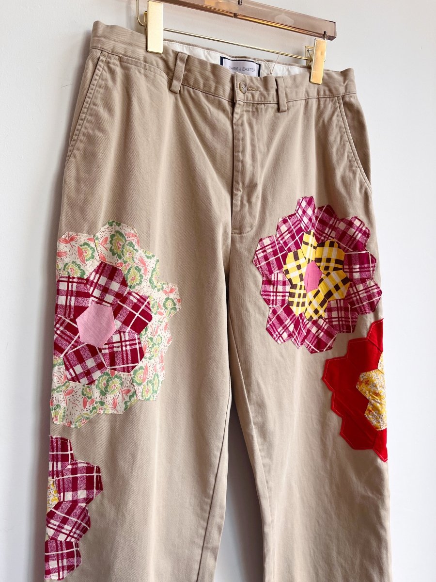 Grandmother’s Garden Quilt Block Applique Chinos w/ Red & Yellow (Reworked) - Made X Hudson