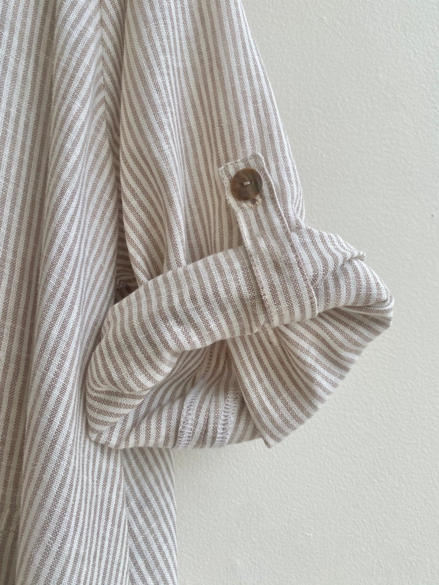 Tan & Cream Mini - stripe Handkerchief Hem Dress w/ Patch Pockets - Made X Hudson