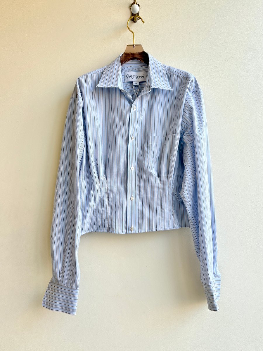 The Kevin Top | Brown, Blue & White Stripe Top w/ Gathered Waist (Reworked) - Made X Hudson