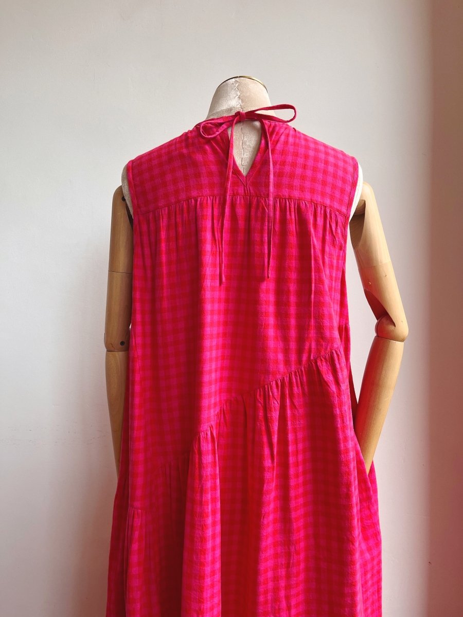 Anan Long Gathered Dress in Pink & Red Petunia Check - Made X Hudson