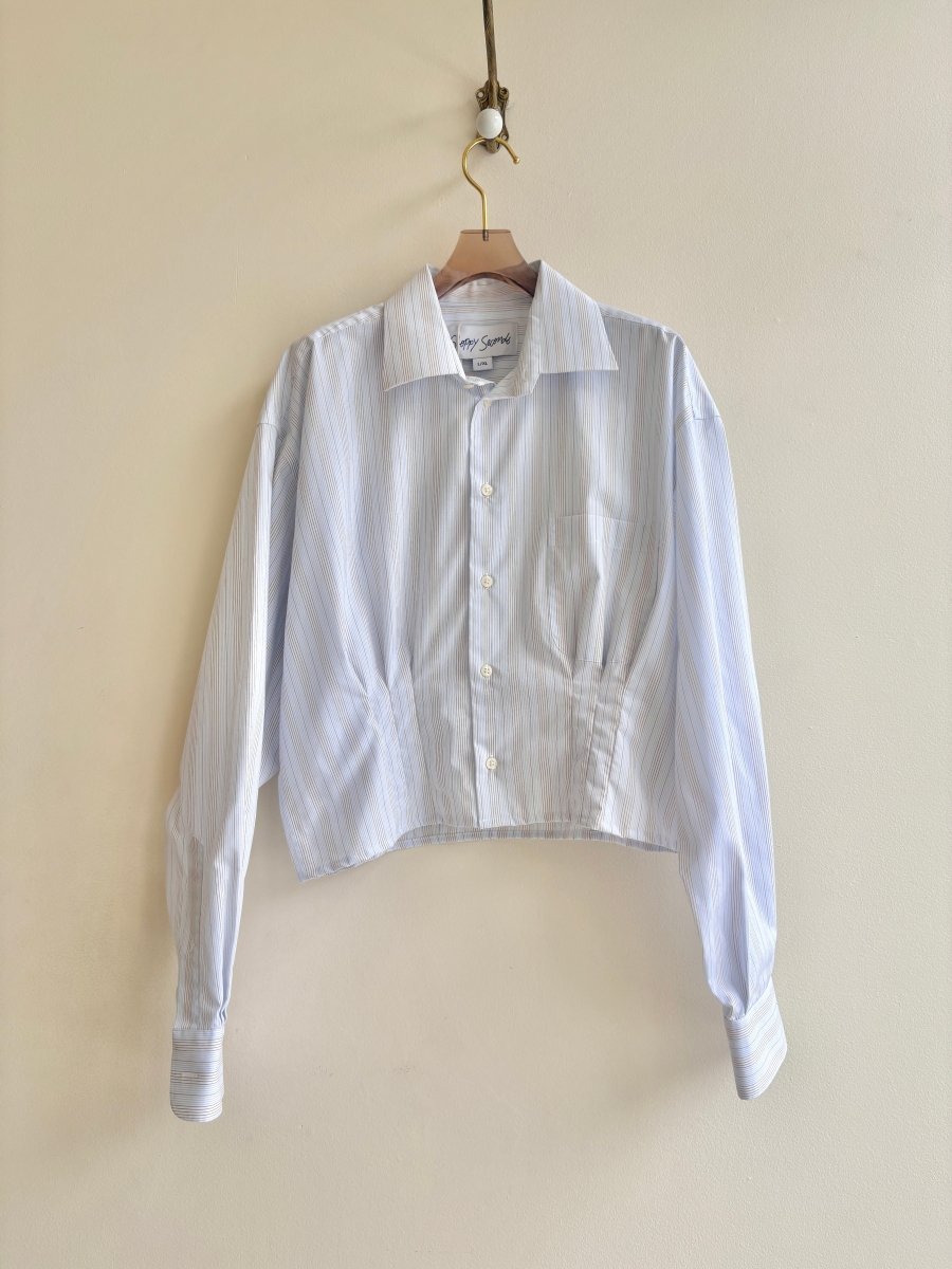 The Kevin Top | Pale Blue & Brown Mini - Stripe Button Down Top w/ Gathered Waist (Reworked) - Made X Hudson