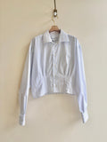 The Kevin Top | Pale Blue & Brown Mini - Stripe Button Down Top w/ Gathered Waist (Reworked) - Made X Hudson