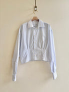 The Kevin Top | Pale Blue & Brown Mini - Stripe Button Down Top w/ Gathered Waist (Reworked) - Made X Hudson