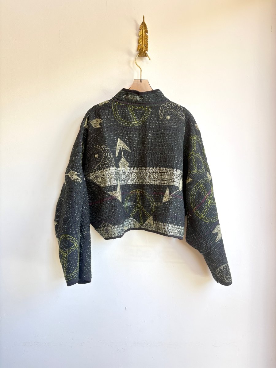 Reversible Suzani Quilted Cropped Jacket in Colors Black, Green, Sage, Grey & Black, Green, Sage, Grey - Made X Hudson