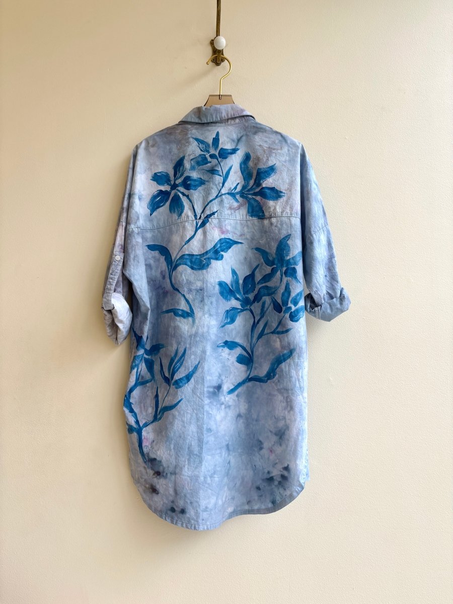Floral Tile Shirt Dress in Powder Blue and Cobalt | Hand Painted (Rewo   Made X Hudson