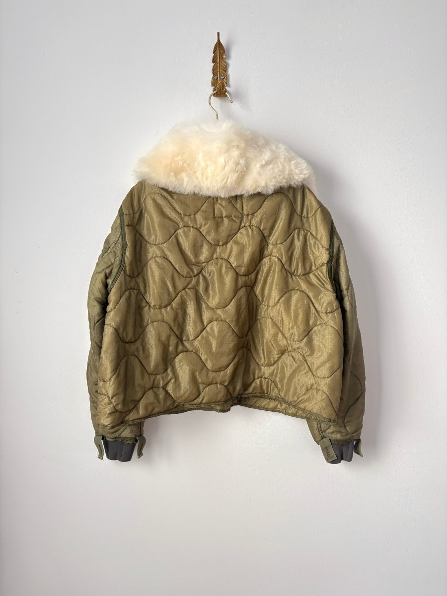 Mixed Olive Army Liner Quilted Coat w/ White Alpaca Fur Collar, Athletic Stripe & White Buttons (Reworked) - Made X Hudson
