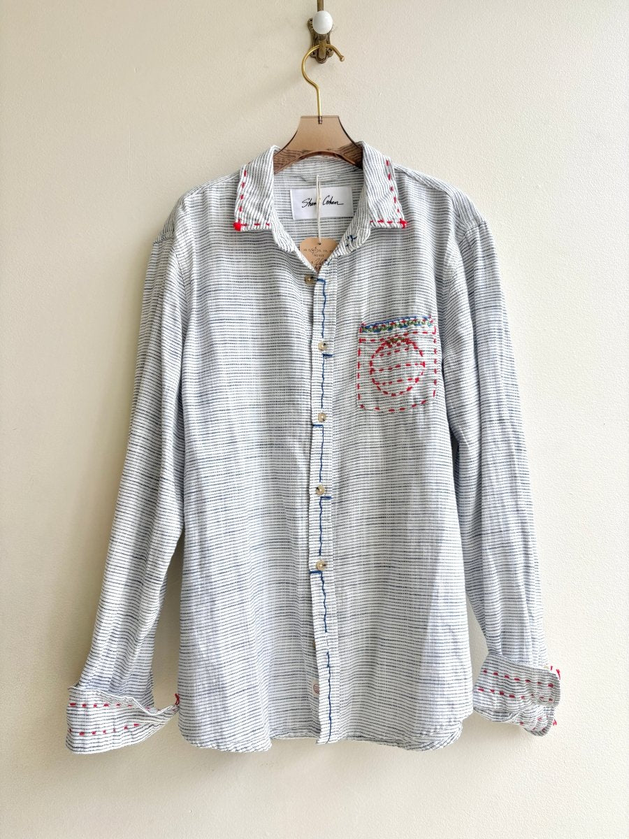 Tomato Red and Cobalt | Embroidered White and Black Striped Button Down (Reworked) - Made X Hudson