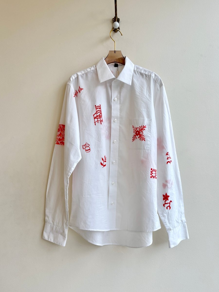 White and Red Folk Motif Button Up | Hand Painted (Reworked) - Made X Hudson
