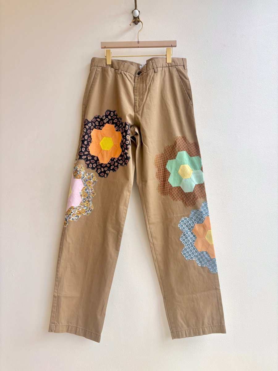 Grandmother's Garden Quilt Block Applique Chinos | Black Paisley and Mixed Vintage Patterns (Reworked) - Made X Hudson