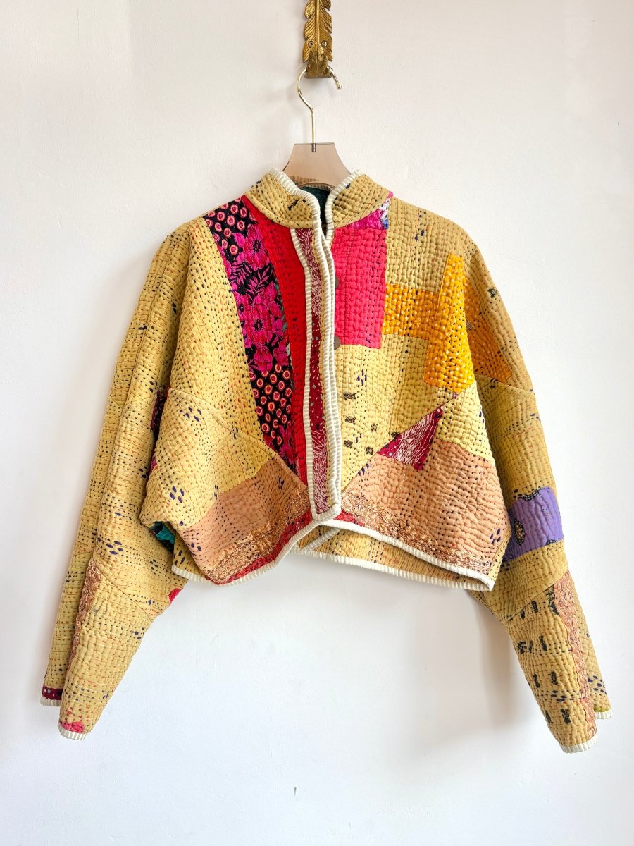 Reversible Kaira Quilted Cropped Jacket in Colors Wheat, Jade Green, Black & Wheat, Red, Orange, Gold - Made X Hudson