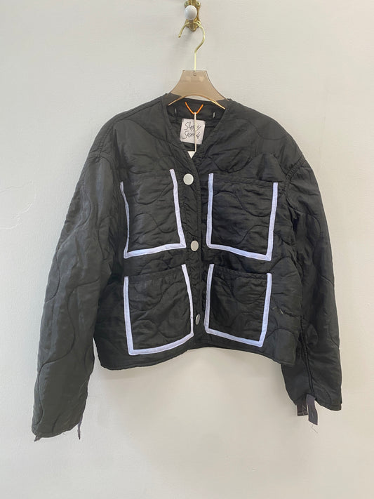 Black Army Liner Quilted Coat w/ Blue Patch Pockets (Reworked)