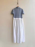 Empire Shirtwaist Dress in Pale Blue & Ivory Stripe & White w/ Short Sleeves (Reworked) - Made X Hudson