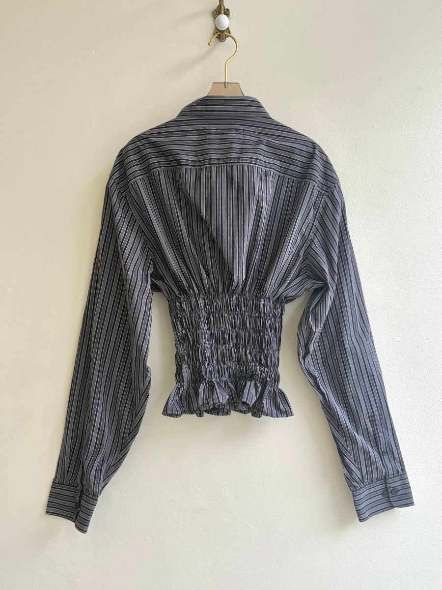 The George Top | Black and Grey Striped Button Down Top w/ Smocked Waist (Reworked) - Made X Hudson