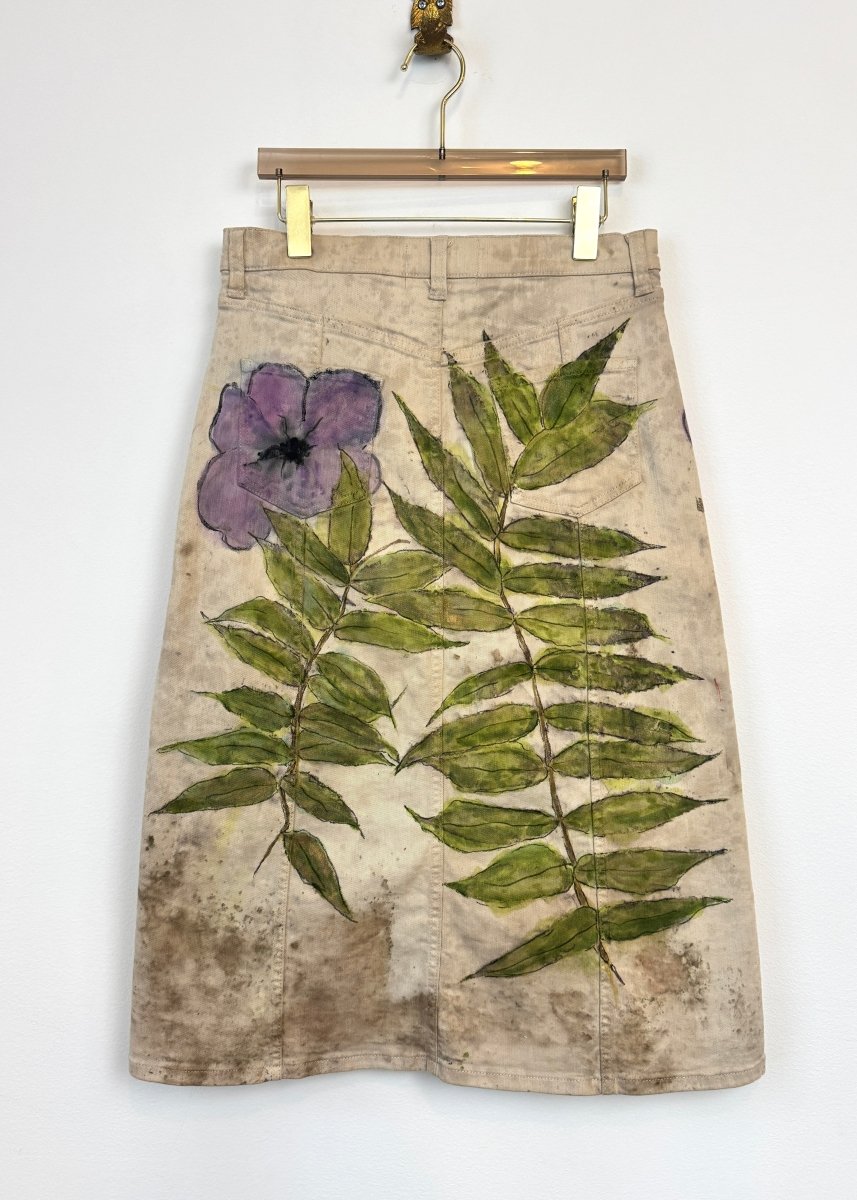 "Mira" Eco-Printed and Hand Drawn Beige Button Front Denim Skirt (Reworked) - Made X Hudson