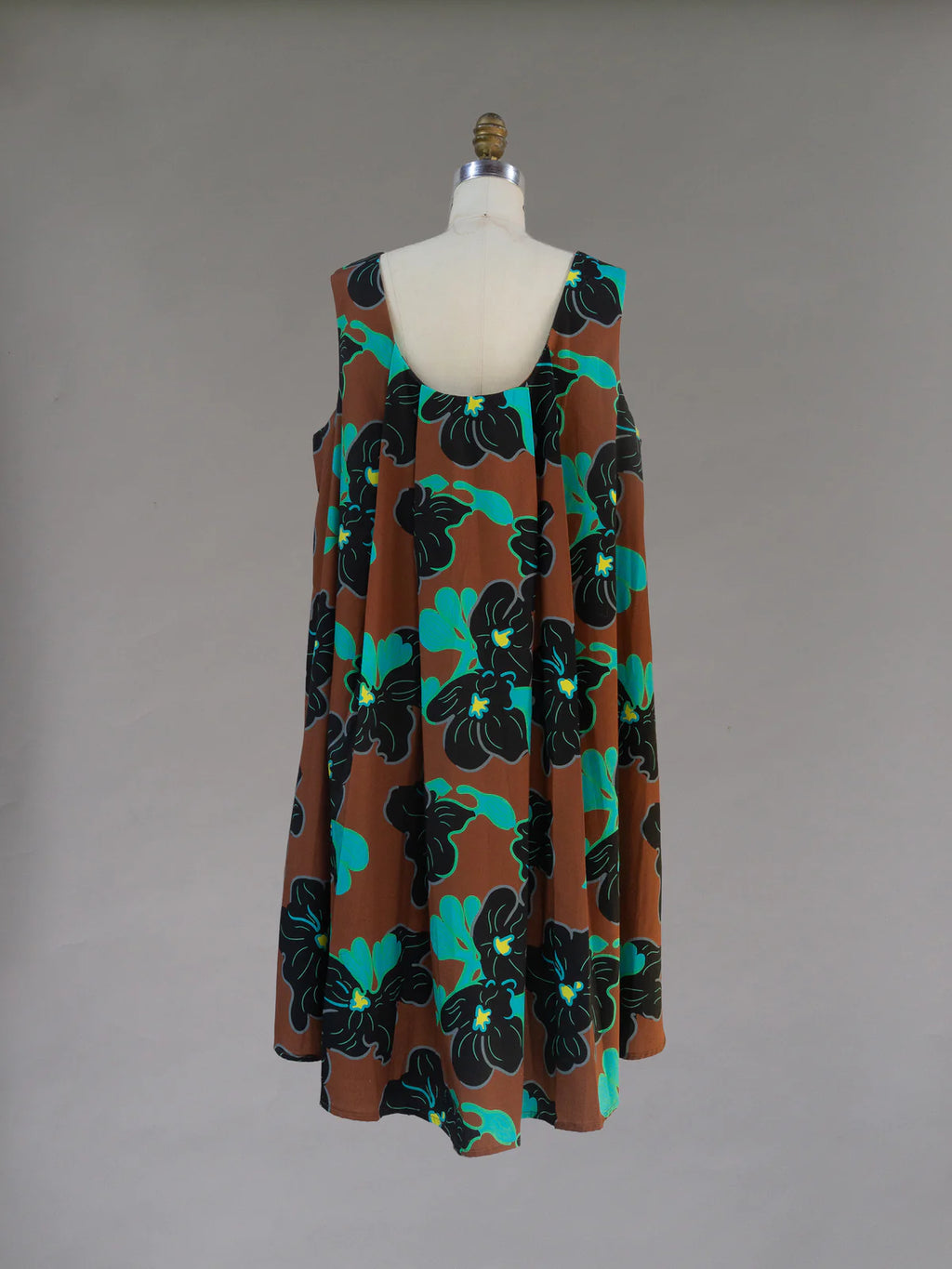 Brown, Black and Blue Floral 1961 Chestnut Print Watteau Dress - Made X Hudson